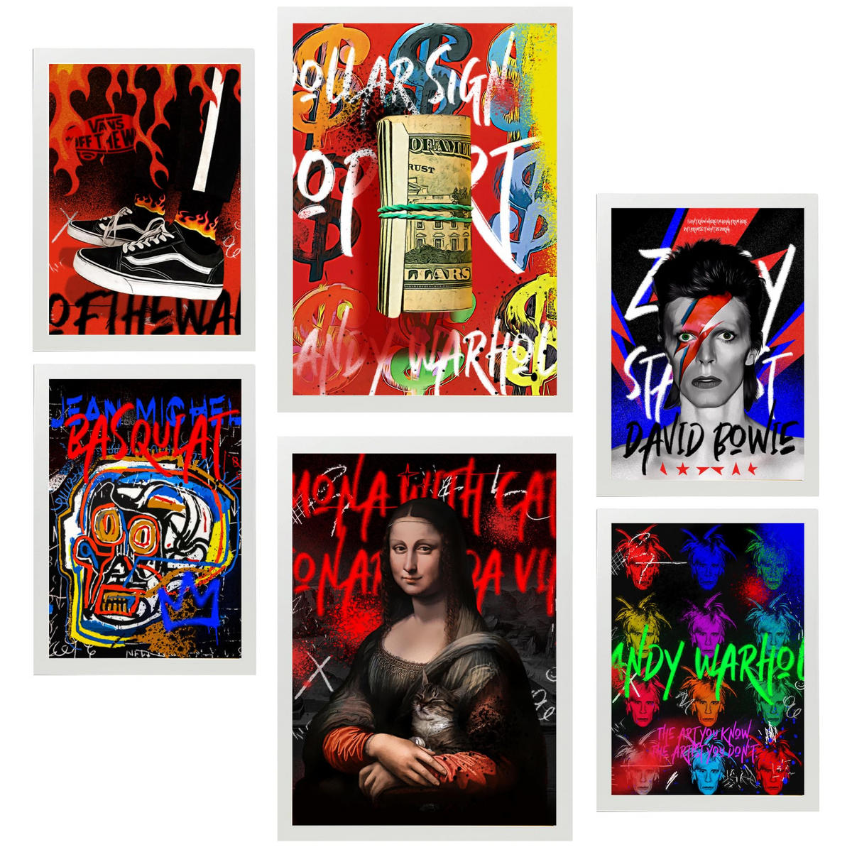POSTER Set Mit 6 Grafiti Pop Mona Lisa Warhol Bowie Basquiat A3 & A4 Weißer Rahmen - Weiß, Papier (29/3cm) - Nacnic