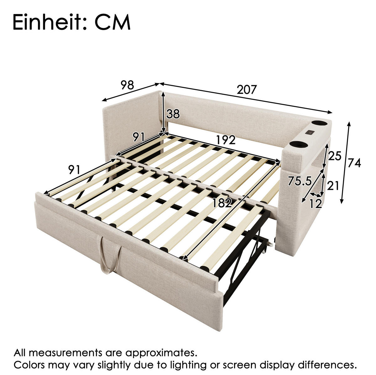 POLSTERBETT 90/190 cm Beige aus Baumwolle und Leinen mit Ausziehbett - Beige, Textil (90/190cm) - OKMYHOME