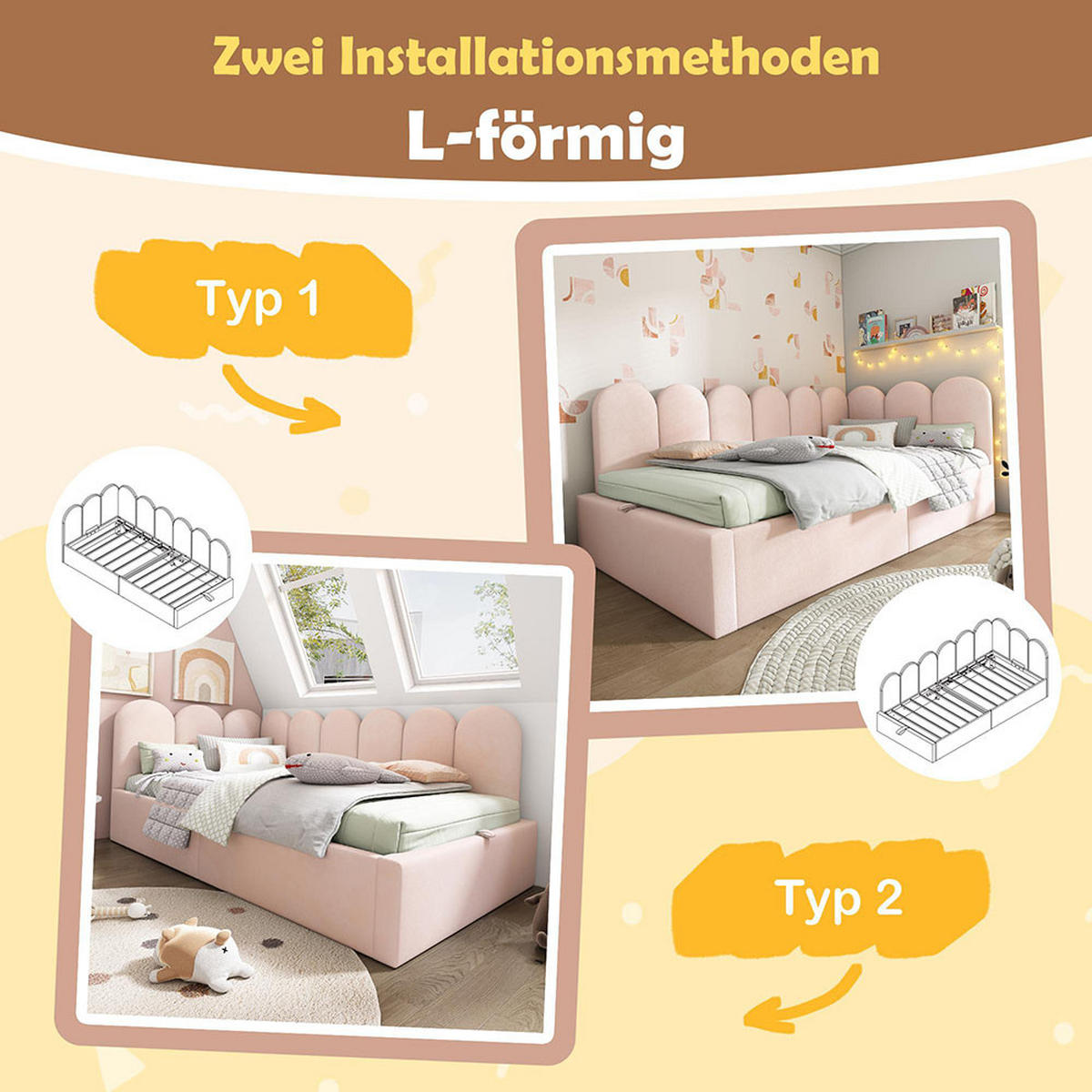 KINDERBETT 90x200 cm mit Metall-Lattenros in Rosa - Pink, Textil/Metall (90/200cm) - KOMHTOM