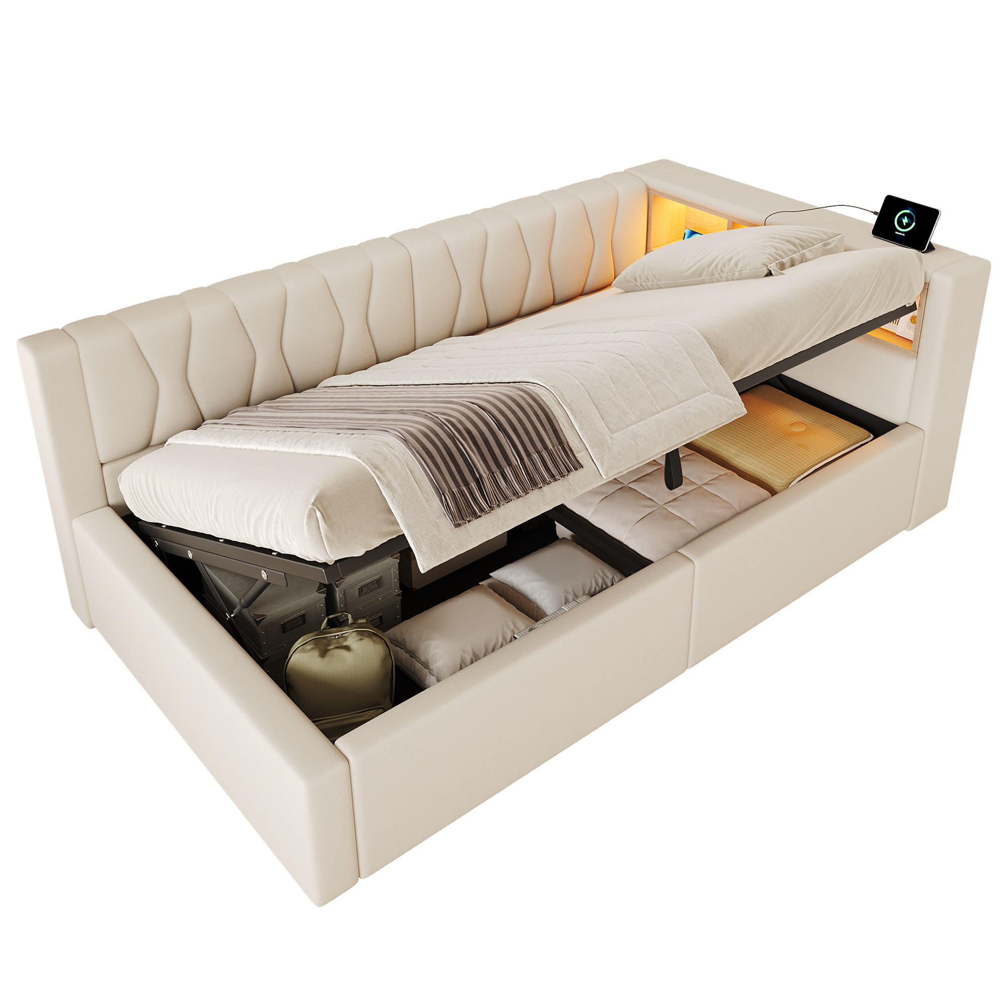 TAGESBETT 90x200cm Schlafsofa Hydraulik LED USB Beige - Beige, Naturmaterialien (90/200cm) - FLIEKS