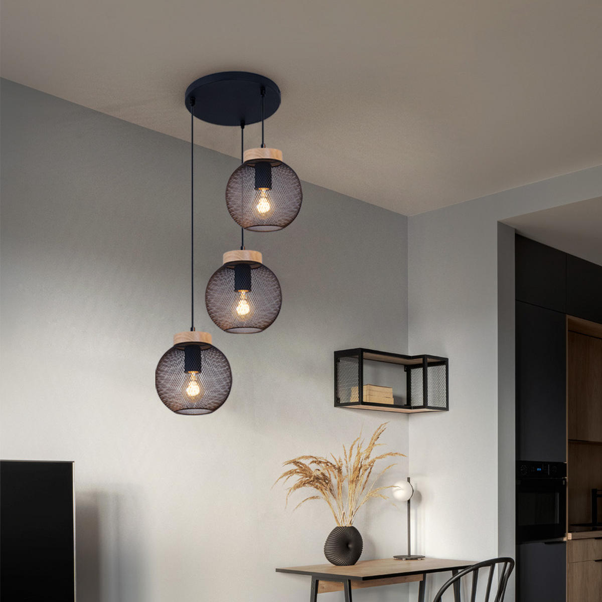 HÄNGELEUCHTE Metall Drahtgeflecht Schwarz - Schwarz, Holz (44/44/120cm) - Globo Lighting