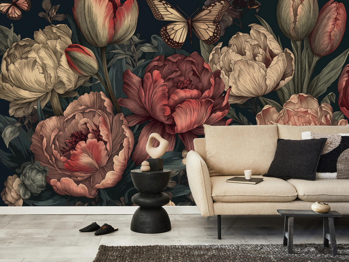 FOTOTAPETE Vintage Blumen Pfingstrosen Natur 450x315 - Gelb/Beige, Papier (450/315cm) - Muralo