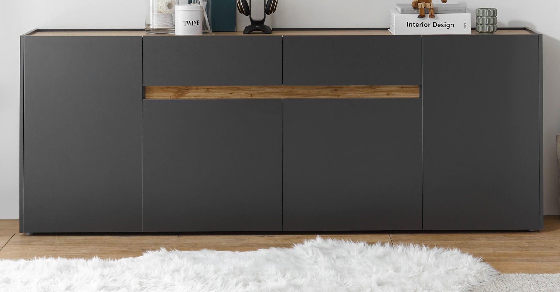 SIDEBOARD grau matt, Wotan Eiche, Kommode, 220 x 87 cm - Anthrazit/Eiche Wotan, Holz/Holzwerkstoff (223/86/40cm) - Furn.Design