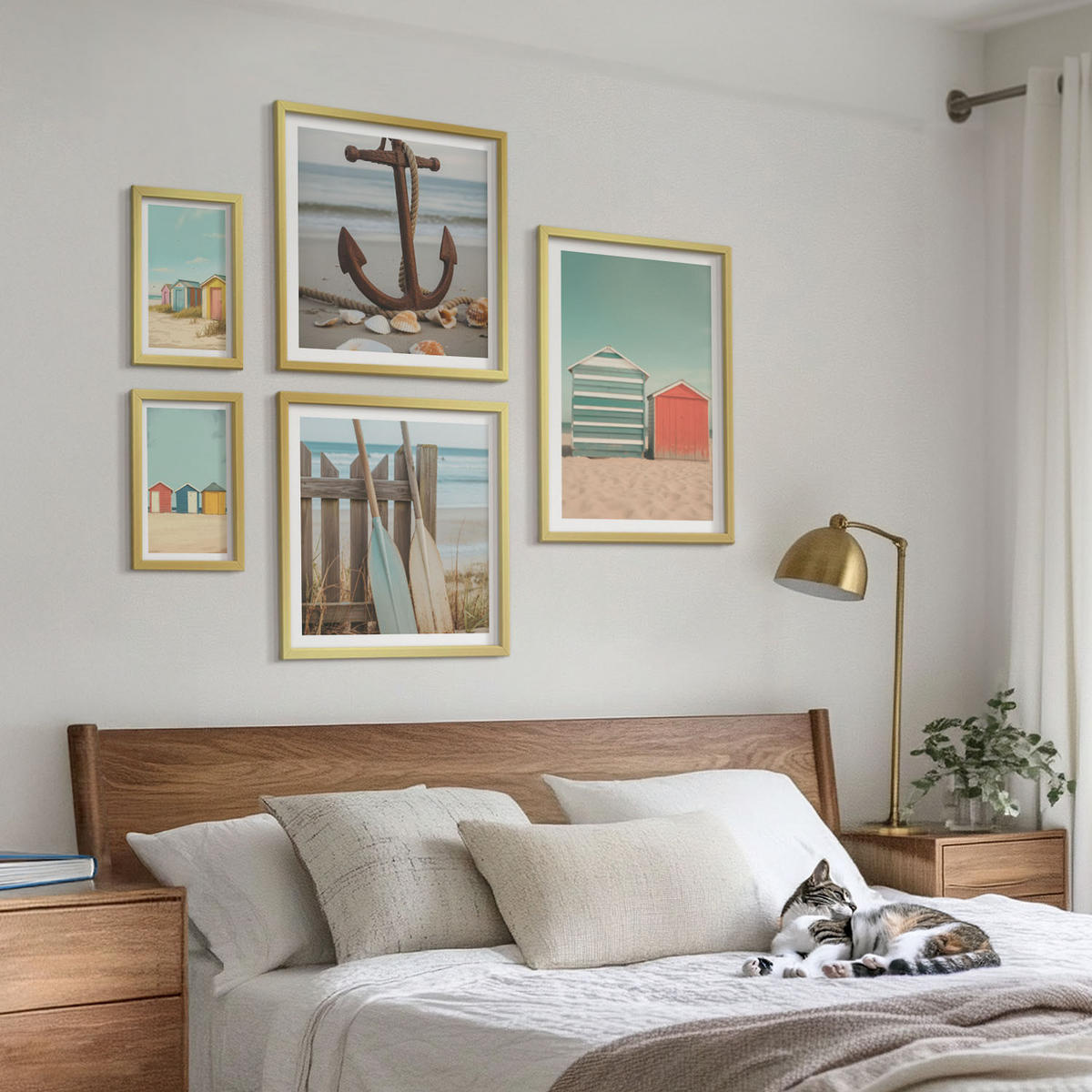 WANDBILDER 5er Set - 50x50 cm & 20x30 cm & 40x60 cm Goldrahmen - Bunte Häuser, Strand, Sonne - Goldfarben, Kunststoff (40/60cm) - ArtPrintCave