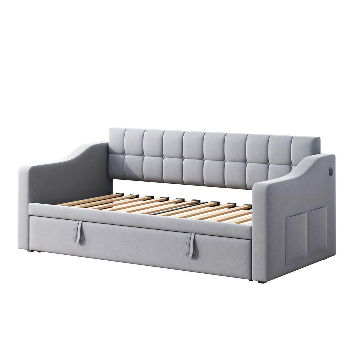 POLSTERBETT 90/190 cm aus Samtstoff mit USB-Ladeports, Hellgrau - Hellgrau, Textil (90/190cm) - OKMYHOME