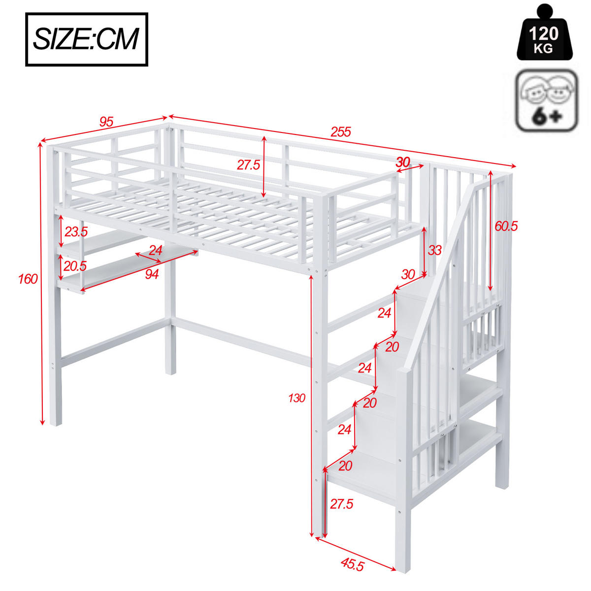 HOCHBETT 90/200 cm Weiß aus Metall und MDF mit Stauraumleiter - Weiß, Metall (90/200cm) - OKMYHOME