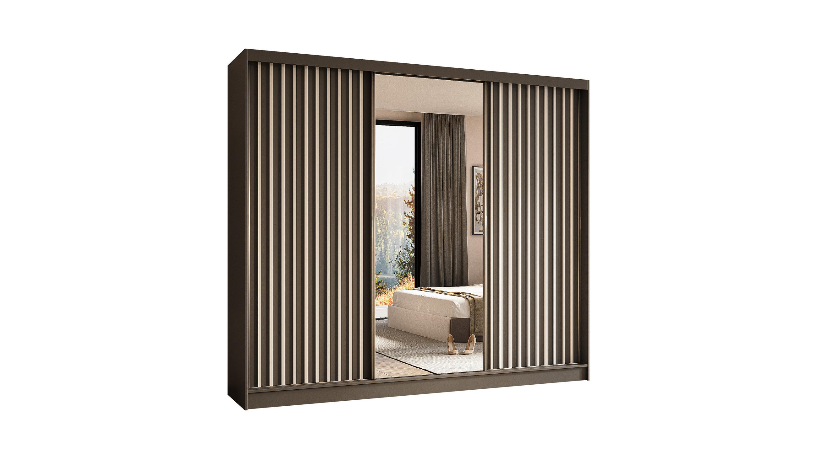 KLEIDERSCHRANK mit Spiegel-Schiebetüren und Aluminium-Leisten - LAMELO - 240 cm Grau+Grau+Weiß - Weiß/Grau, Holzwerkstoff (240/216/61cm) - ALTDECOR