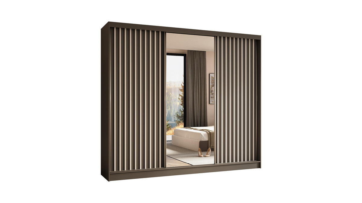KLEIDERSCHRANK mit Spiegel-Schiebetüren und Aluminium-Leisten - LAMELO - 240 cm Grau+Grau+Weiß - Weiß/Grau, Holzwerkstoff (240/216/61cm) - ALTDECOR