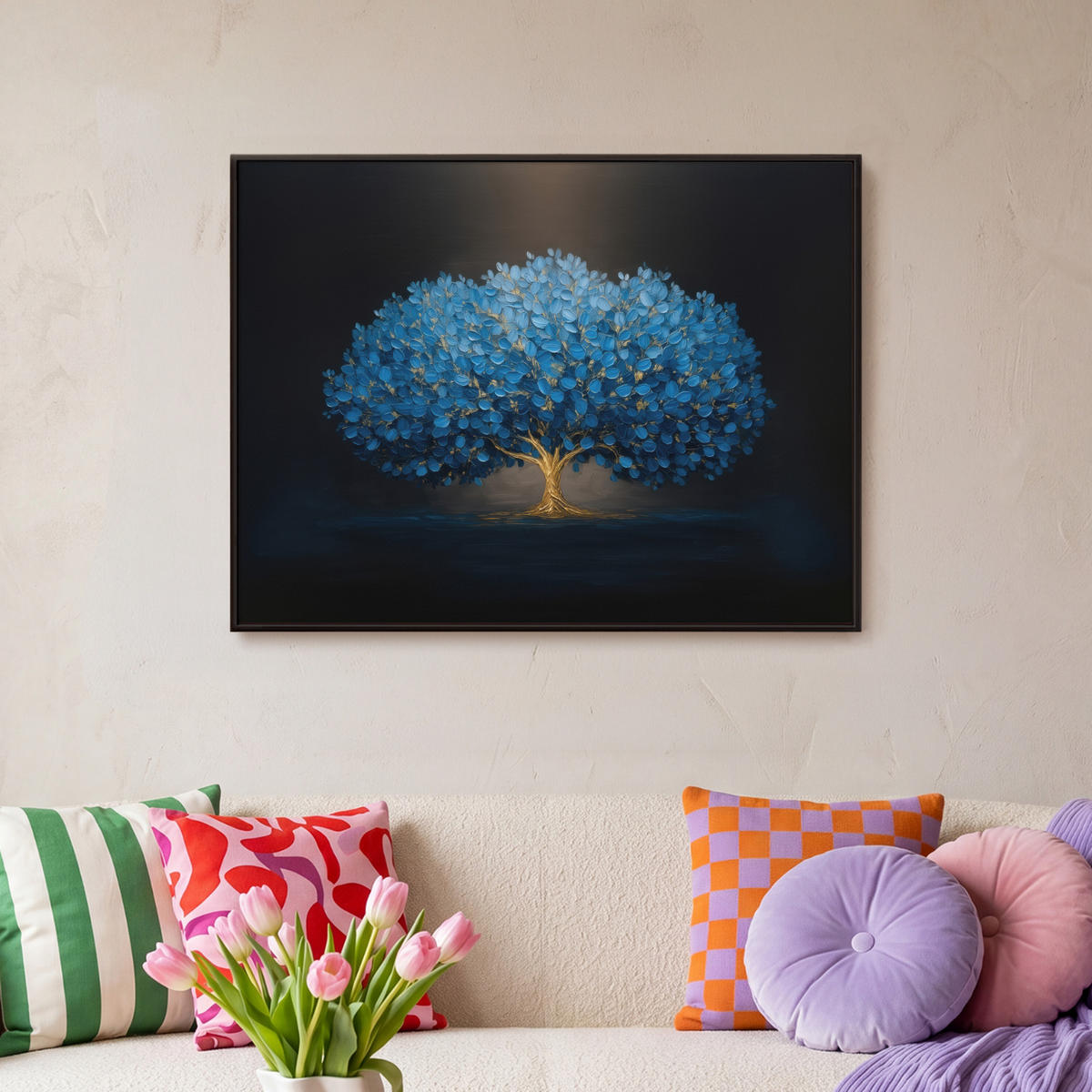 LEINWAND Bilder mit Rahmen - Baum - Blau - Blätter - Pinselstriche - 70x50 - Blau, Textil (70/50cm) - MuchoWow
