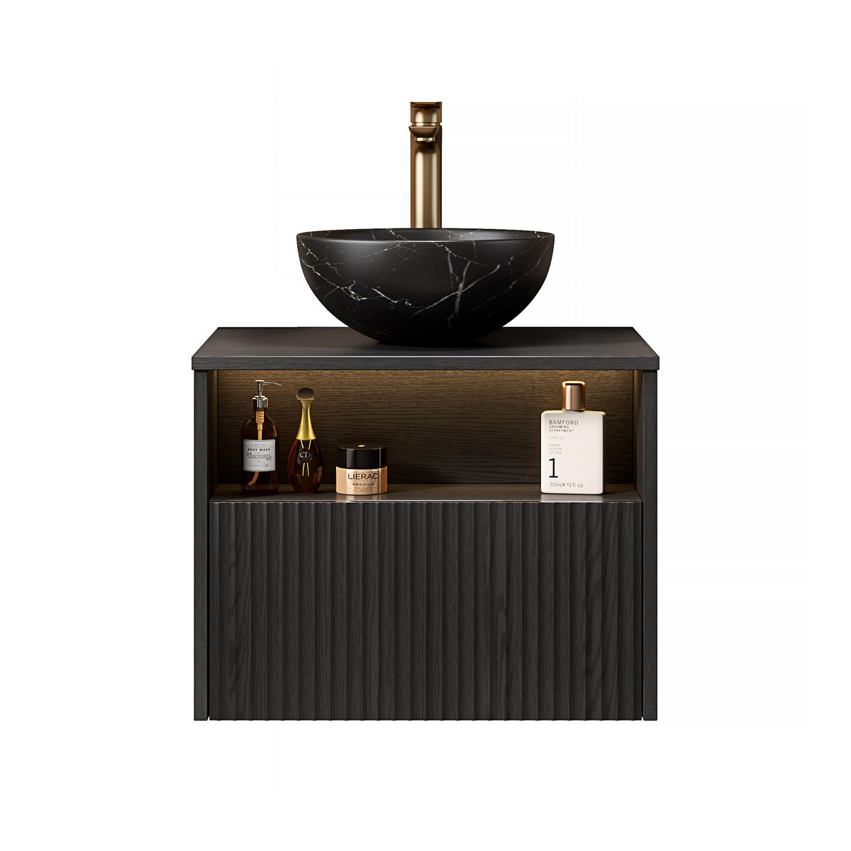 WASCHTISCHUNTERSCHRANK 60x46x60.8cm in Schwarz mit Sensor-LED, Soft-Close & Massivholzfront - Schwarz, Keramik (60/60.8/46cm) - Modfu