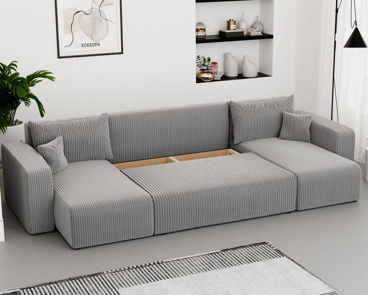 WOHNLANDSCHAFT Luna Mit Schlaffunktion - Hellgrau, Holzwerkstoff/Textil (318/79/145cm) - Fun Möbel