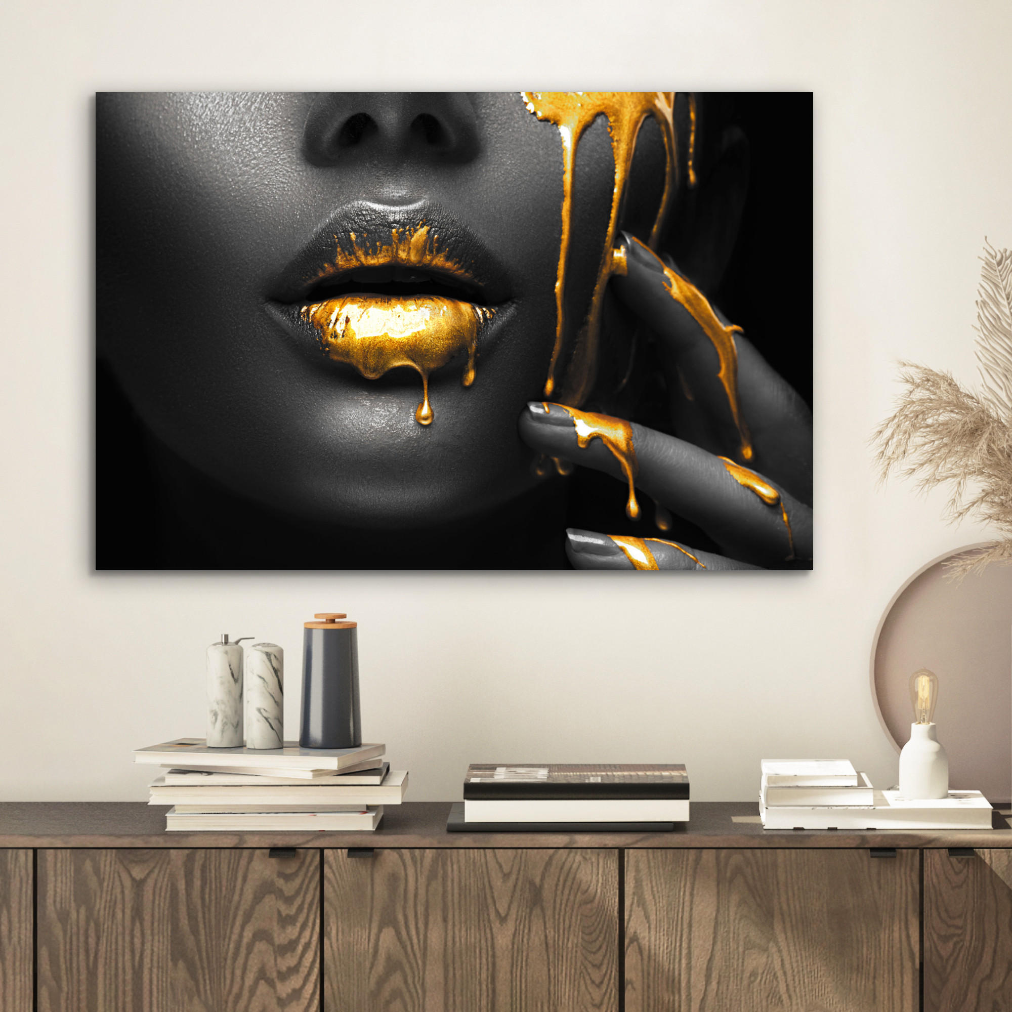 METALLBILD Frau - Schwarz - Gold - Gesicht - Lippen 60x40 cm - Goldfarben, Metall (60/40cm) - MuchoWow