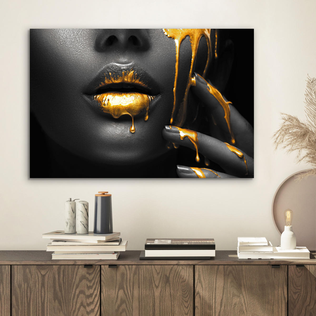 METALLBILD Frau - Schwarz - Gold - Gesicht - Lippen 60x40 cm - Goldfarben, Metall (60/40cm) - MuchoWow