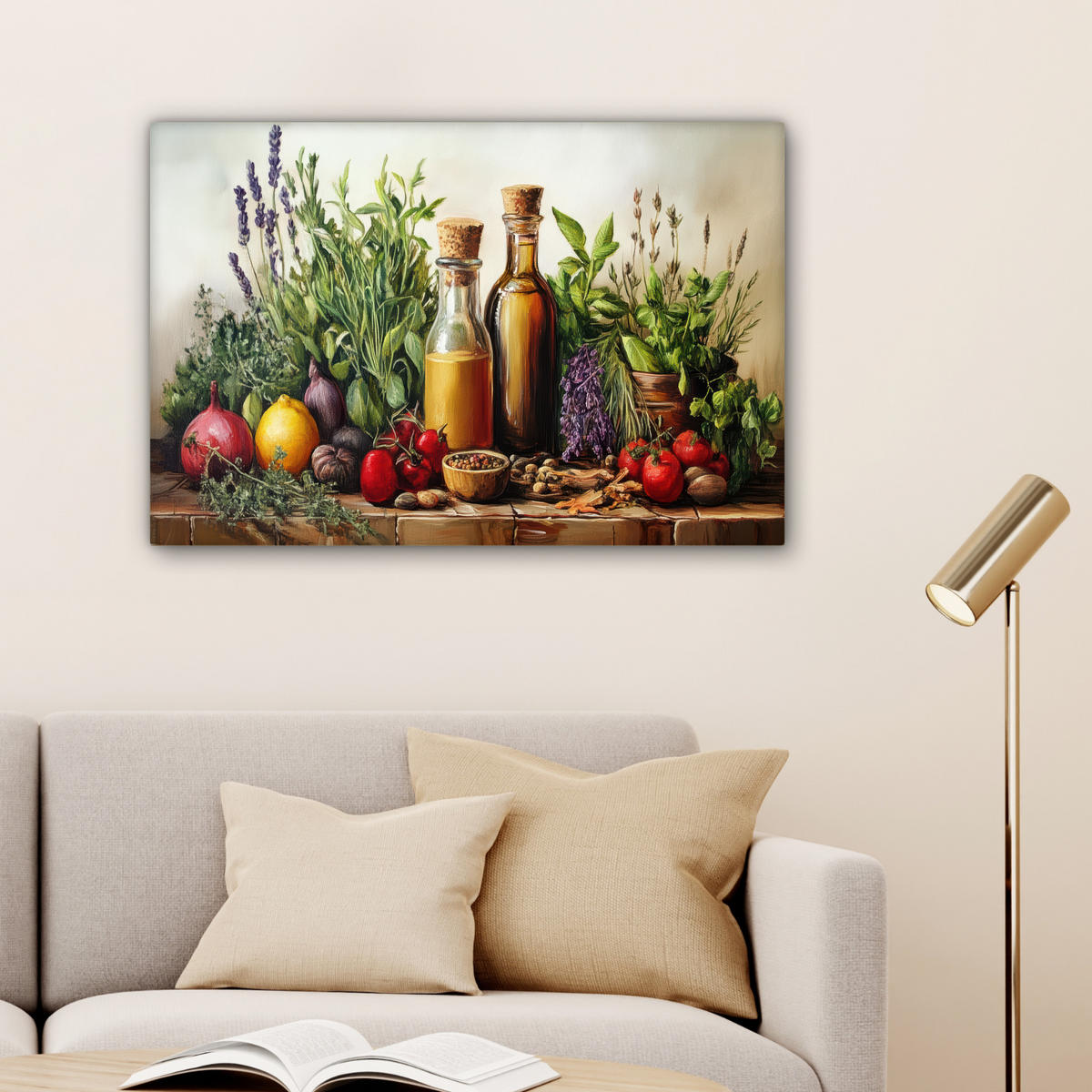 LEINWANDBILD Stilleben - Kräuter - Gewürze - Früchte - Farbenfroh Gemälde 60x40 cm - Grün, Textil (60/40cm) - MuchoWow