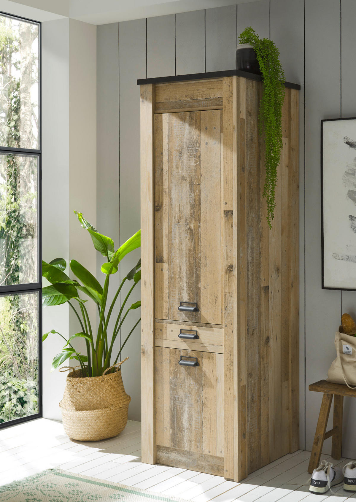 KÜCHEN-SET Used Wood hell, anthrazit, Küchenschrank Set 7-teilig mit Kochinsel - Anthrazit/Schwarz, Glas/Holzwerkstoff (201/201/64cm) - Furn.Design