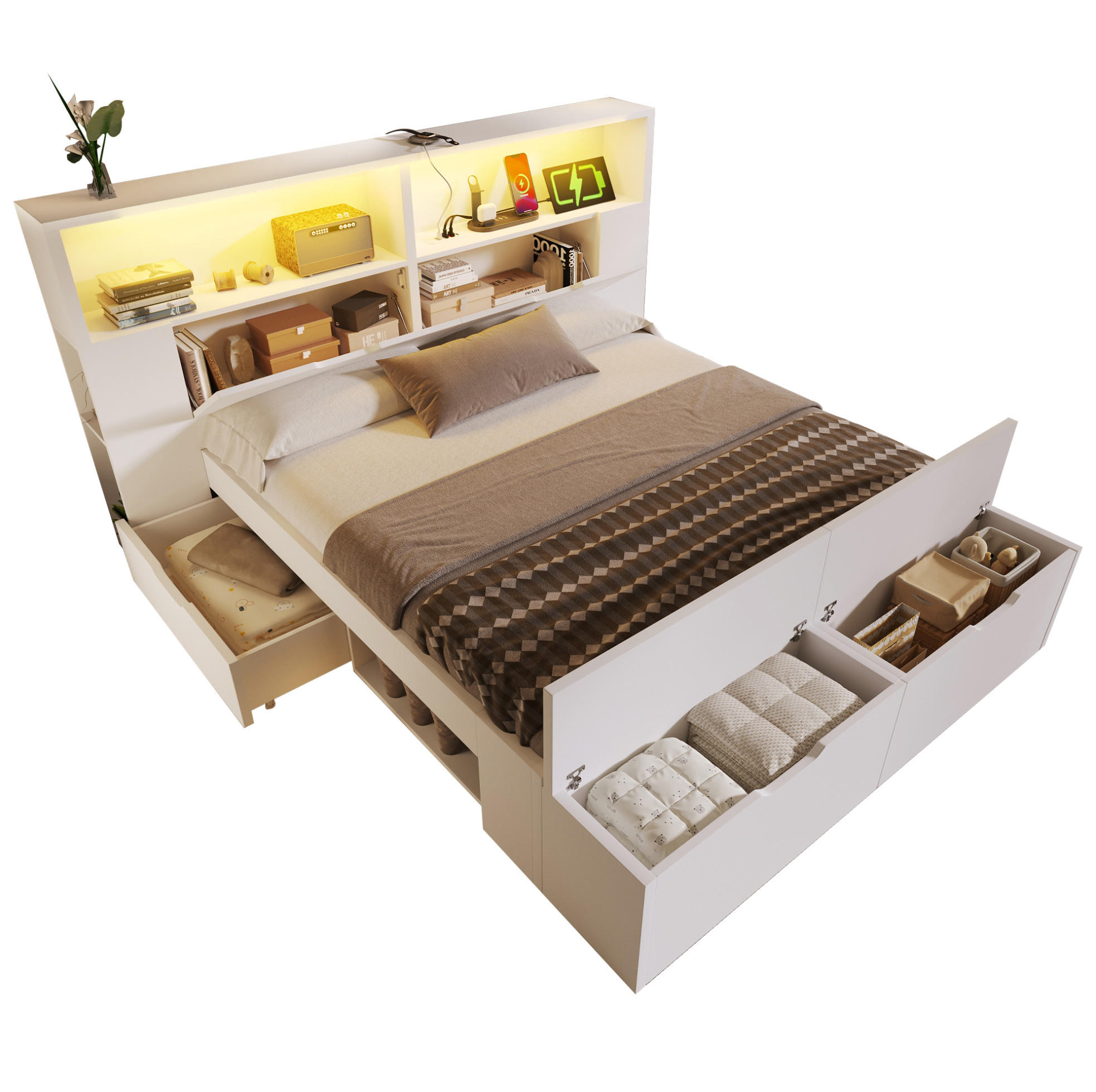 POLSTERBETT 140x200 cm in Weiß mit LED-Beleuchtung & USB-C - Weiß, Holzwerkstoff (140/200cm) - Modfu