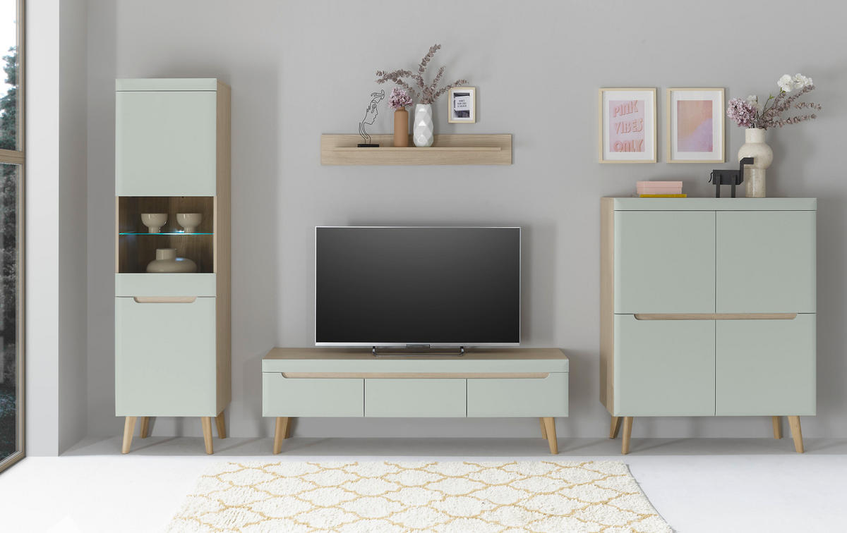 VITRINE Pistazie grün, Eiche, skandinavisch 53 x 197 cm, Standvitrine mit Soft-Close-Funktion - Eichefarben/Pastellgrün, Glas/Eichenholz (53/197/40cm) - Furn.Design