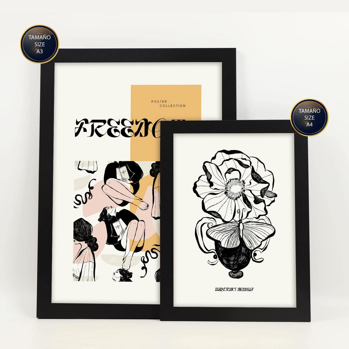 POSTER Set Mit 6 In Schwarzer Tinte Freiheit Kunstdrucke Im Skizzenstil Für Innenarchitektur A3 & A4 Schwarzer Rahmen - Schwarz, Papier (29/3cm) - Nacnic