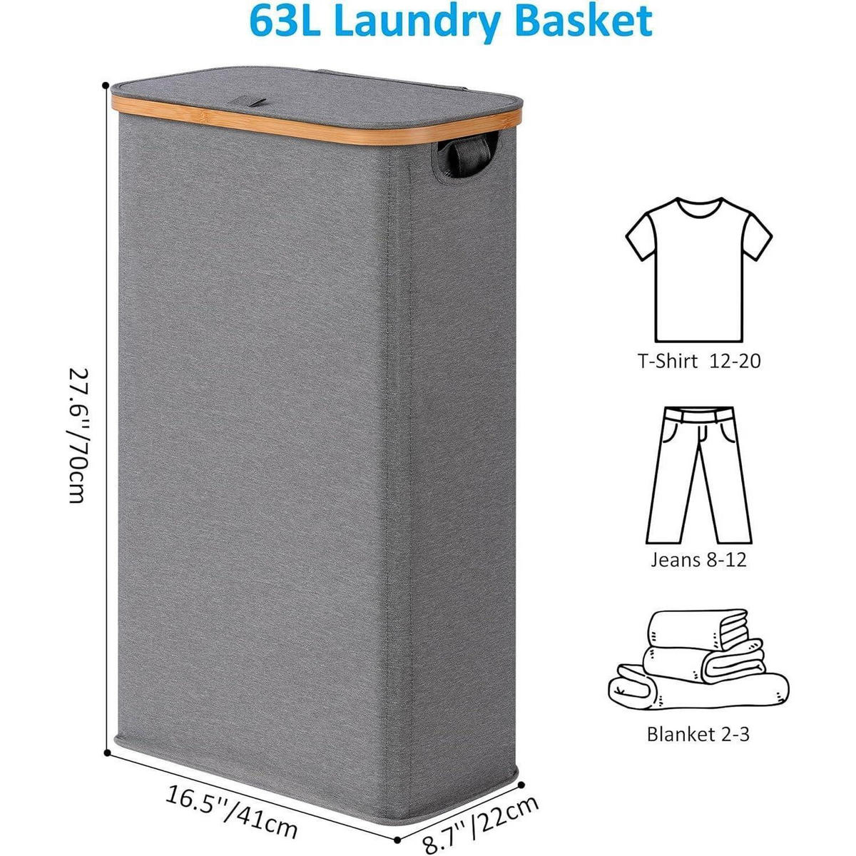 WÄSCHEKORB schmal 63L mit Deckel und herausnehmbarem Beutel Grau - Grau, Textil (22/70/40cm)