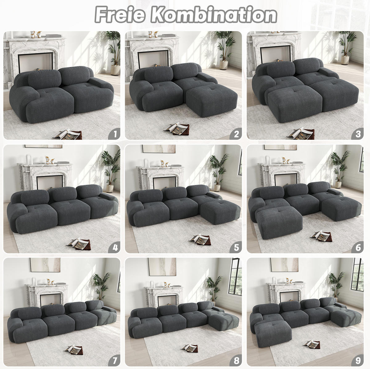 ECKSOFA 298/178/75 cm grau aus Cordstoff modular und montagefrei - Grau, Textil (178/298cm) - OKWISH