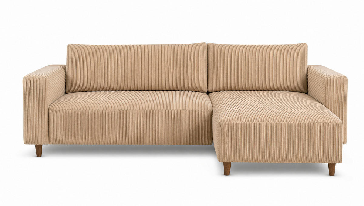 ECKSOFA mit Schlaffunktion und Bettkasten Rio, Ecksofa Cordstoff Beige, Ottomane Universal, 249x142 cm - Beige, Textil (249/142cm) - Marpur
