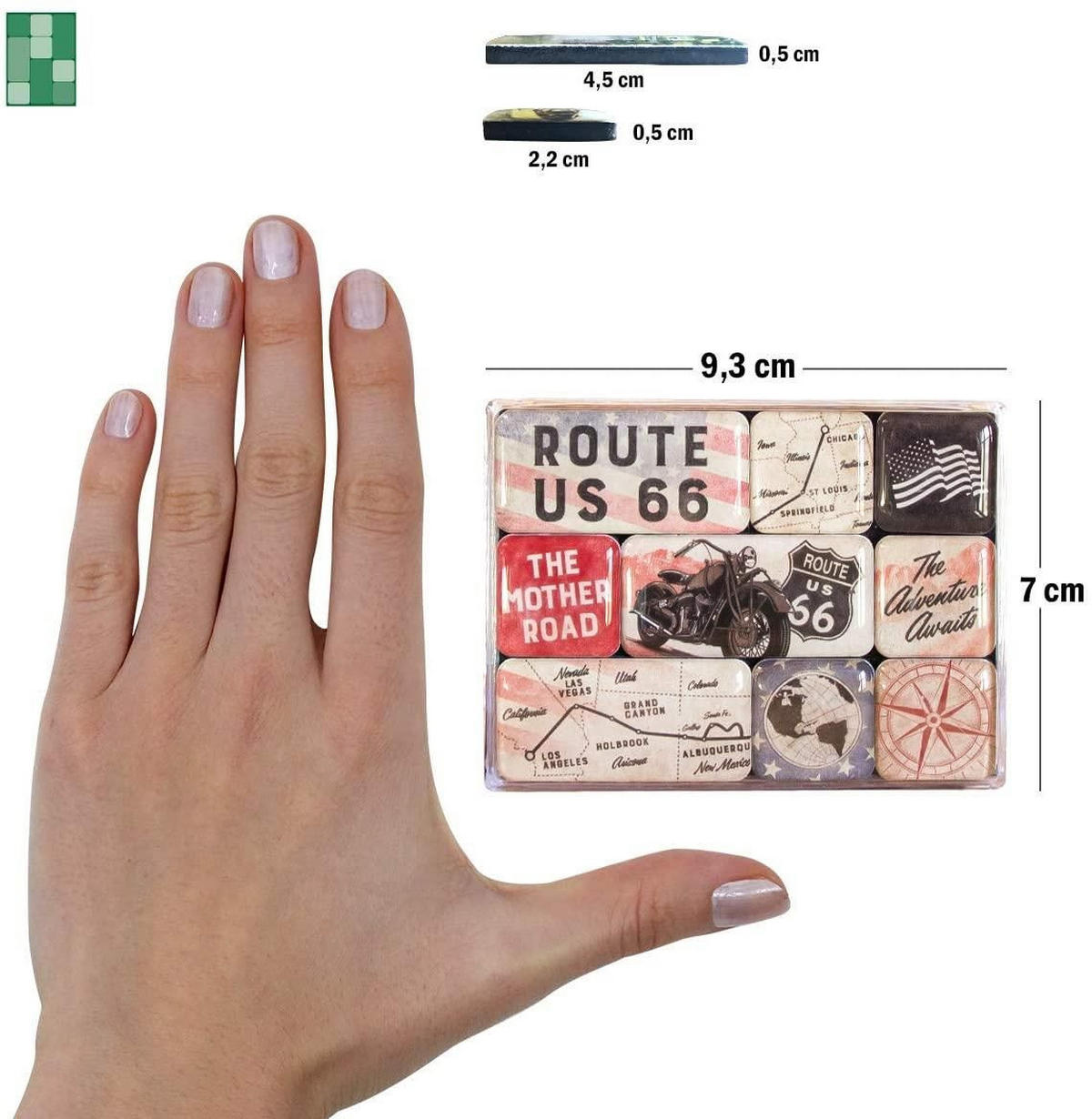 MAGNETSET 9-teilig US Highways Route 66 Bike Map - Multicolor, Metall (9/7/2cm) - Nostalgic-Art