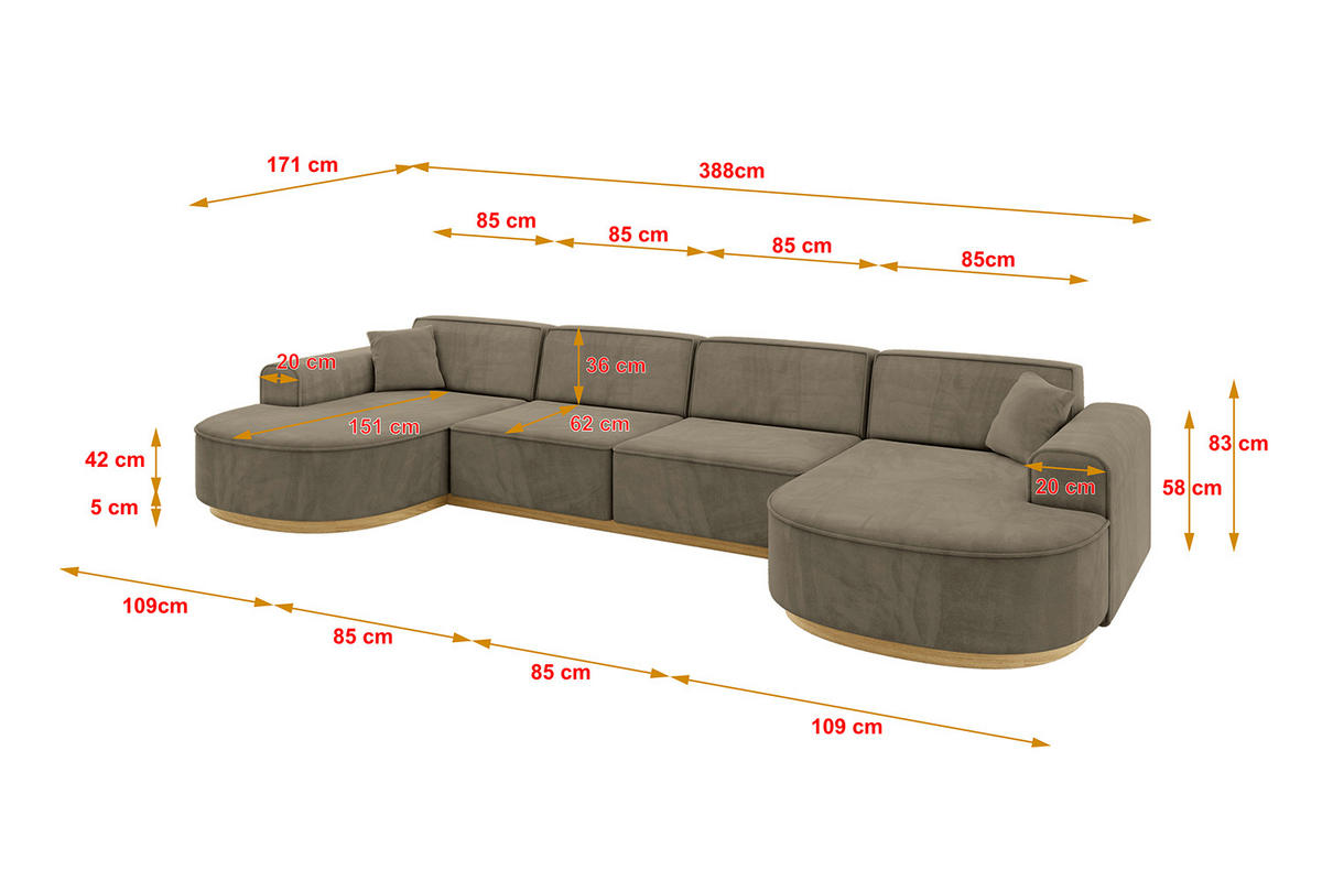 WOHNLANDSCHAFT MARI-U2-v2 - 388x171x83 cm Dunkelbraun Velours - Dunkelbraun, Holzwerkstoff/Textil (388/83/171cm) - ALTDECOR