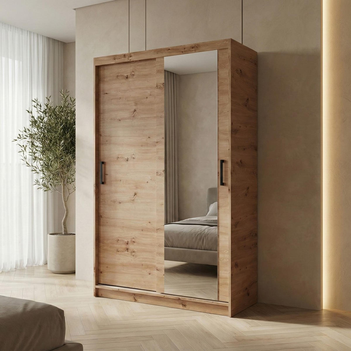 SCHWEBETÜRENSCHRANK Hela 100/205/60 2-türig eiche Artisan mit Spiegel - Eiche Artisan, Holzwerkstoff (100/205/60cm) - Beautysofa