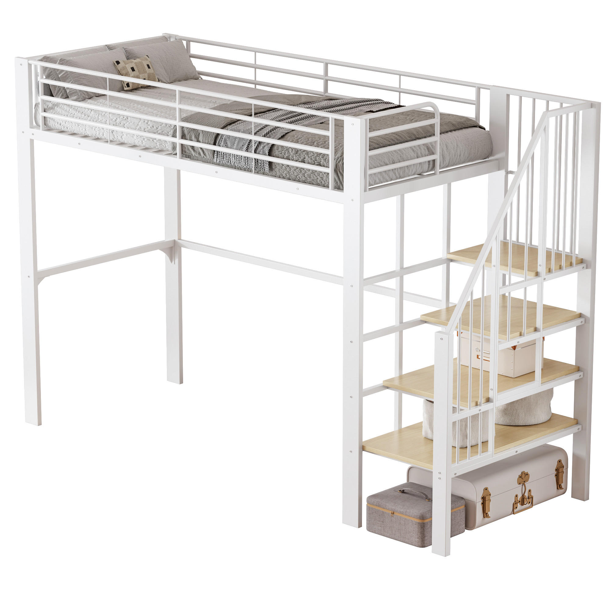 HOCHBETT 90/200 cm Weiß mit Treppe und Stauraum aus Metall und Holz - Weiß, Metall (90/200cm) - OKWISH
