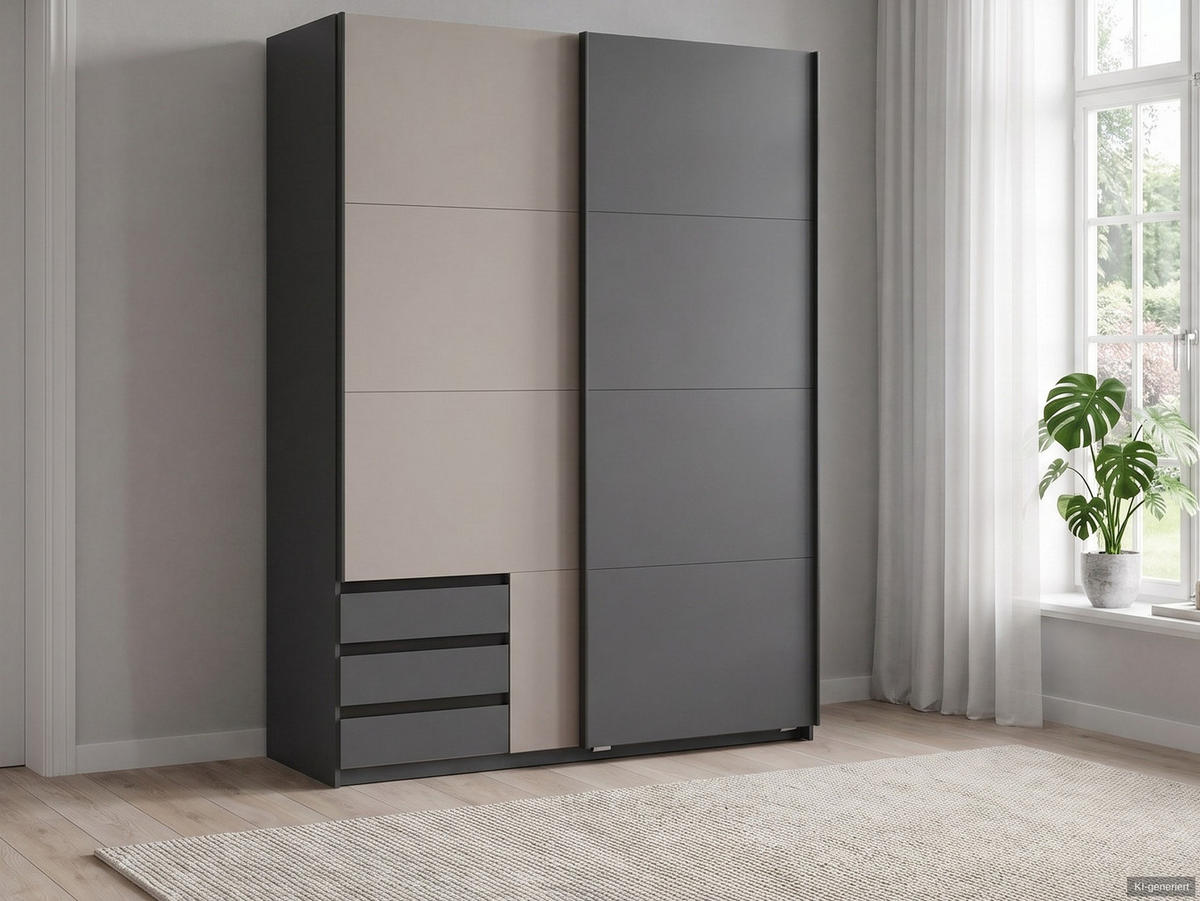 SCHWEBETÜRENSCHRANK 2-türig B135/H198/T65 cm, Kleiderschrank mit sichtbaren Schubkästen in Grafit, 1x Tür in Sandgrau / 22666 - Sandfarben/Schwarz, Holz/Holzwerkstoff (135/198/65cm) - luma-home