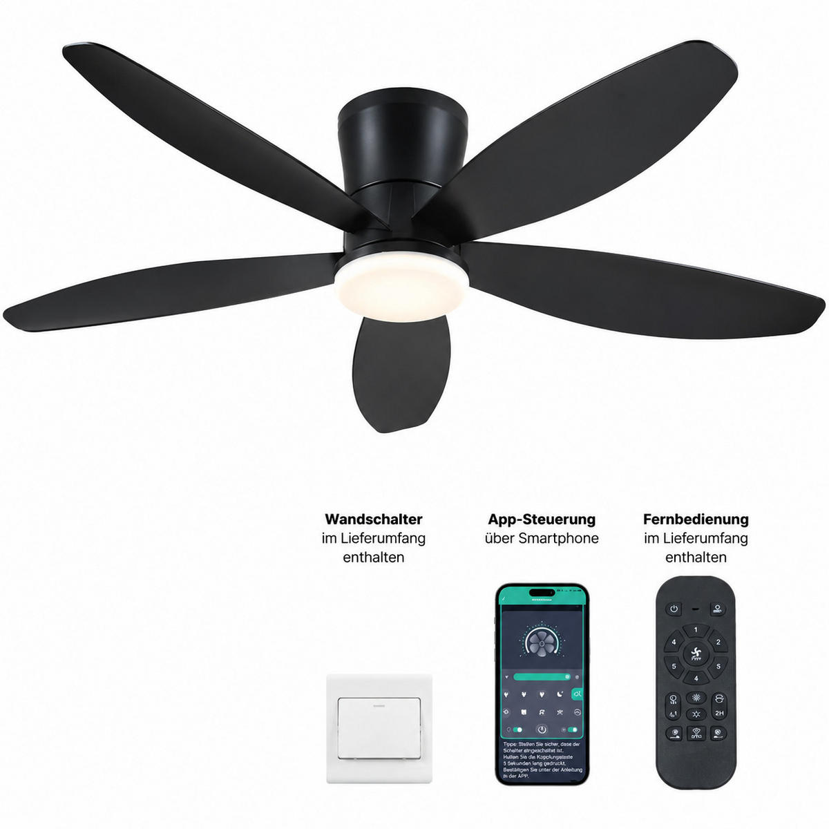 DECKENVENTILATOR Schwarz 122 cm mit LED und leisem DC-Motor - Schwarz, Kunststoff (122/122/22cm) - Surtime