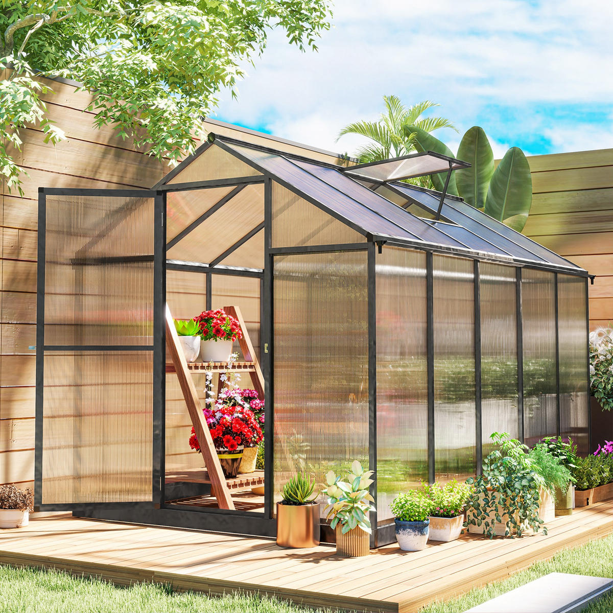 GEWÄCHSHAUS DE-12038 Aluminium-Polycarbonat mit verstellbaren Dachfenstern Transparent - Transparent, Metall (183/195/303cm) - ComfortXL