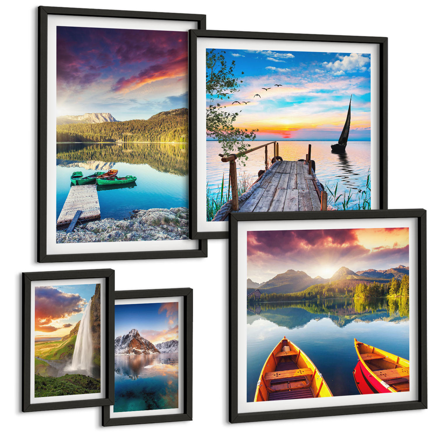 BILDER SET 5er Set - 50x50 cm & 20x30 cm & 40x60 cm Schwarzer Rahmen - Seen- und Berglandschaft Łódź - Schwarz, Kunststoff (40/60cm) - TULUP