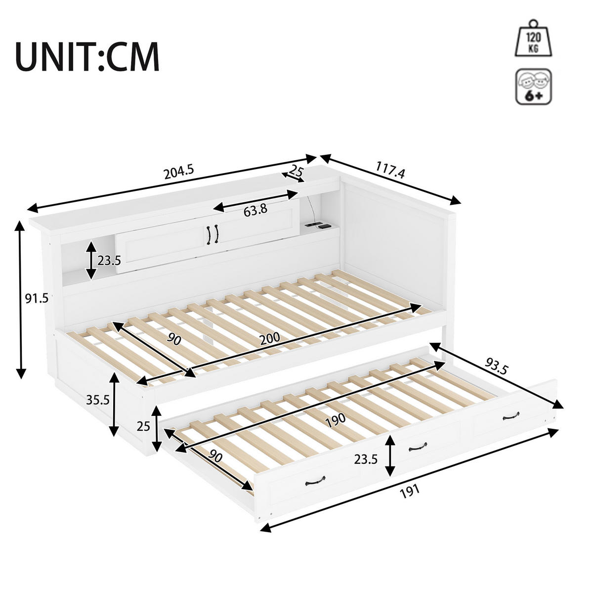 BETT 90/200 cm in Weiß mit Kopfteil, Ausziehbett, Stauraum und LED - Weiß, Holzwerkstoff (90/200cm) - BEAOK