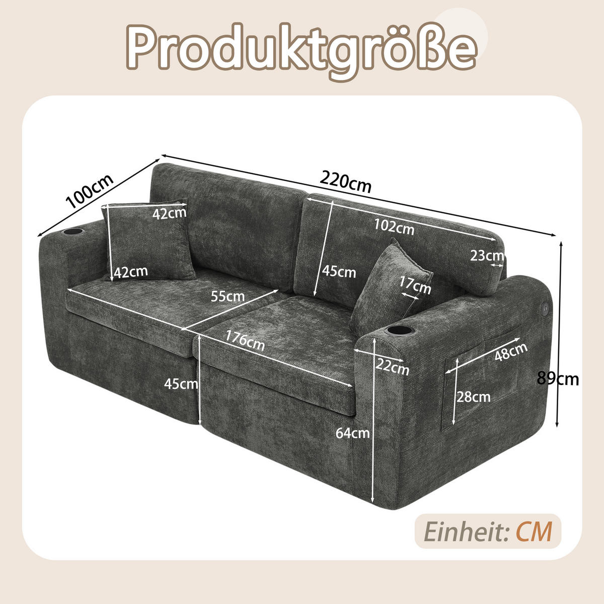2-SITZER SOFA Chenille Schwarz mit USB, Magazintasche, Getränkehalter und Kissen - Schwarz, Textil (220/89/100cm) - WISHDOR