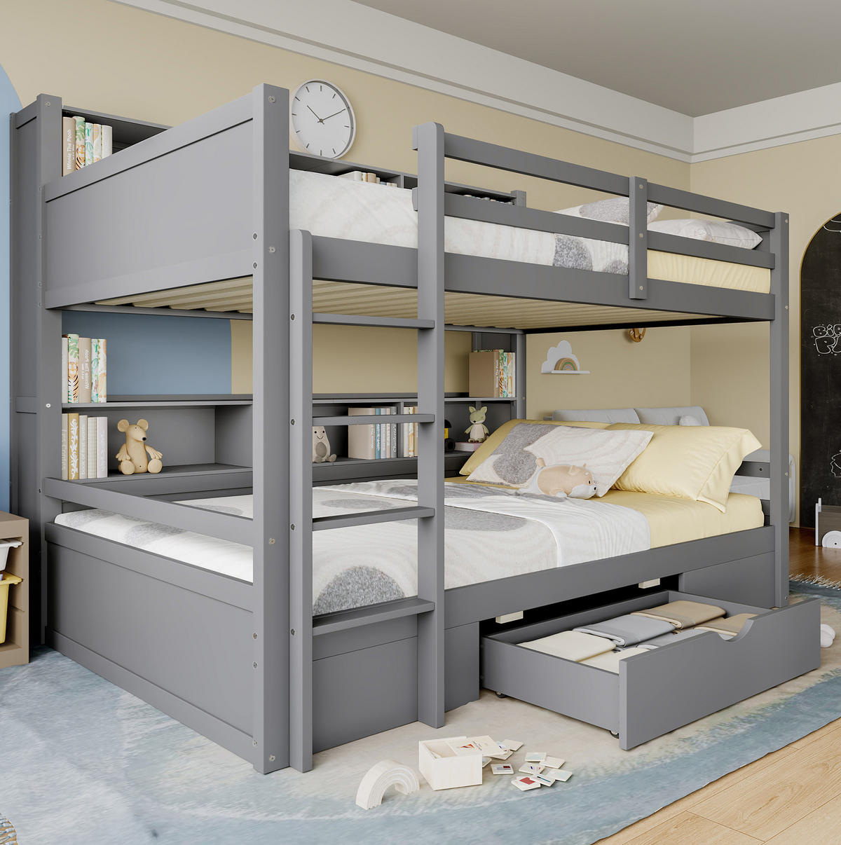 ETAGENBETT 90/200 cm Grau mit Schublade und Ablagen - Grau, Holz (90/200cm) - Flora Grace