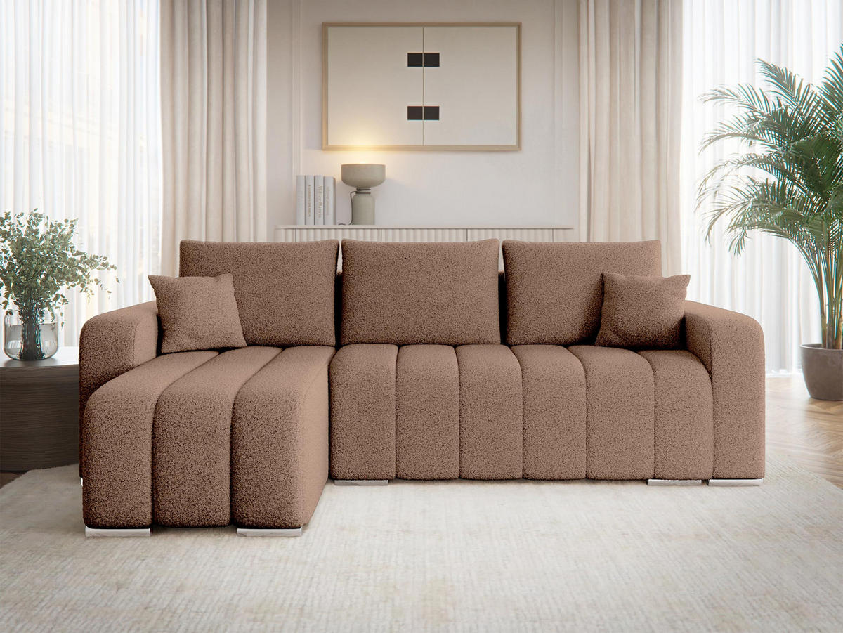 ECKSOFA Pufetto Boucle - Hellbraun/Silberfarben, Holz/Textil (244/147cm) - MIRJAN24