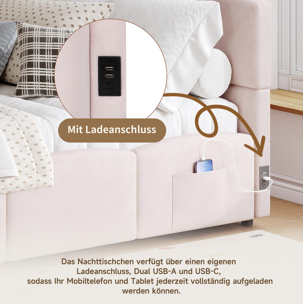 POLSTERBETT 90/200 cm rosa aus Samt mit Bettkasten - Rosa, Textil - OKMYHOME