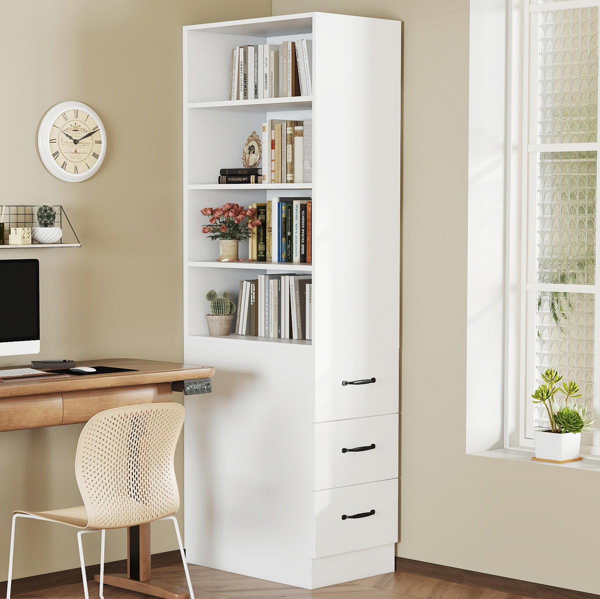 HIGHBOARD mit Schubladen 60/38/180 cm in Weiß – schmal mit viel Stauraum - Weiß, Holzwerkstoff (60/180/38cm) - BEAOK