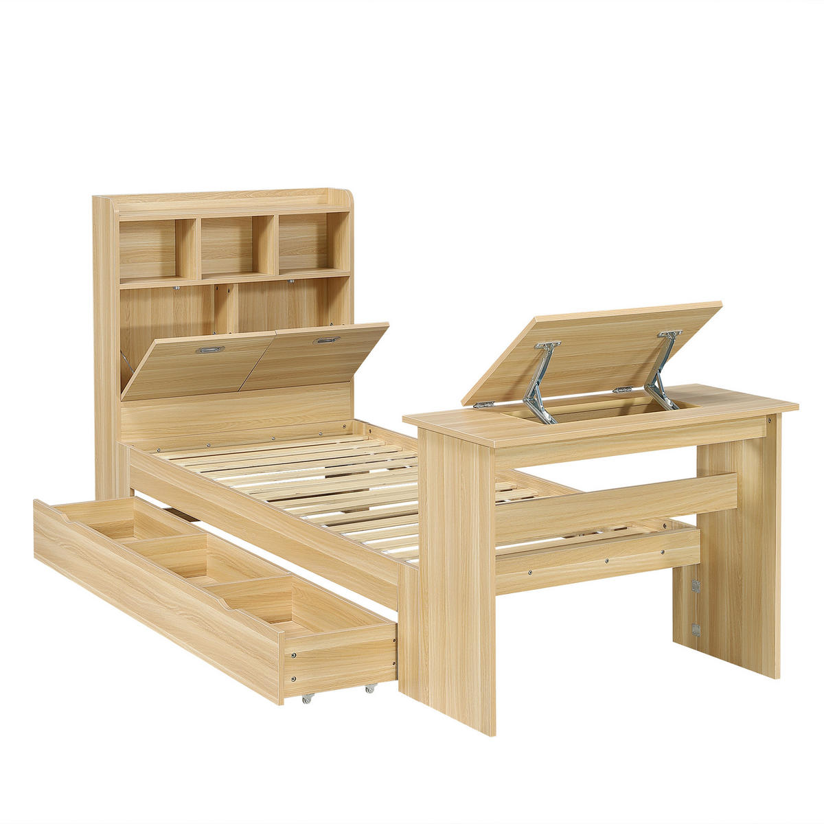JUGENDBETT 90/200 cm in Natur mit Schublade, Regal und Klapptisch Holzdekor - Naturfarben, Holz/Holzwerkstoff (90/200cm) - CHICFURN