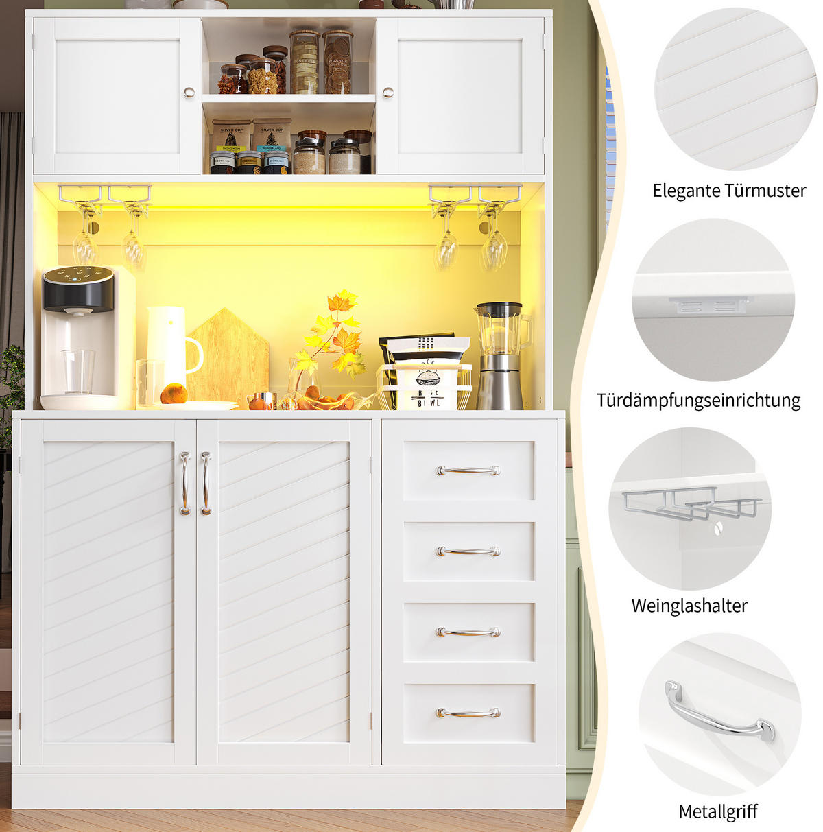 BUFFETSCHRANK 120/40/188 cm weiß aus MDF mit LED-Beleuchtung - Weiß, Holzwerkstoff (120/188/40cm) - OKWISH