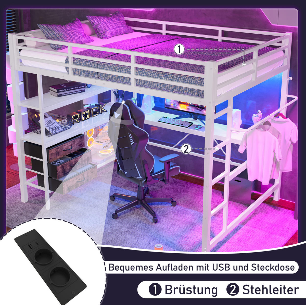 VISOKI krevet 140/200 cm s LED osvjetljenjem, stolom, USB priključkom, 3 ladice i policama, Bijela - bijela, metal (140/200cm) - Redom