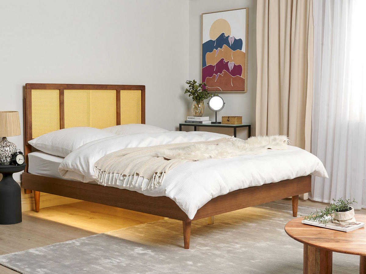 POSTEL s LED 160/200 cm Kaučukovníkové dřevo Hnědá Auray - hnědá, dřevo (160/200cm) - Beliani