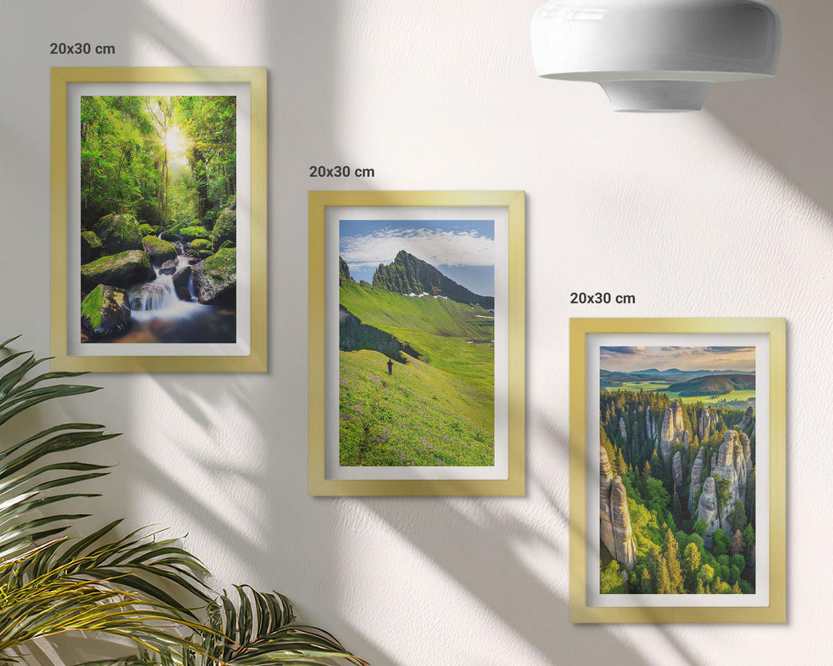 BILDER SET 3er Set - 20x30 cm Goldrahmen - Grüne Berge Wasserfallwald - Goldfarben, Kunststoff (20/30cm) - TULUP