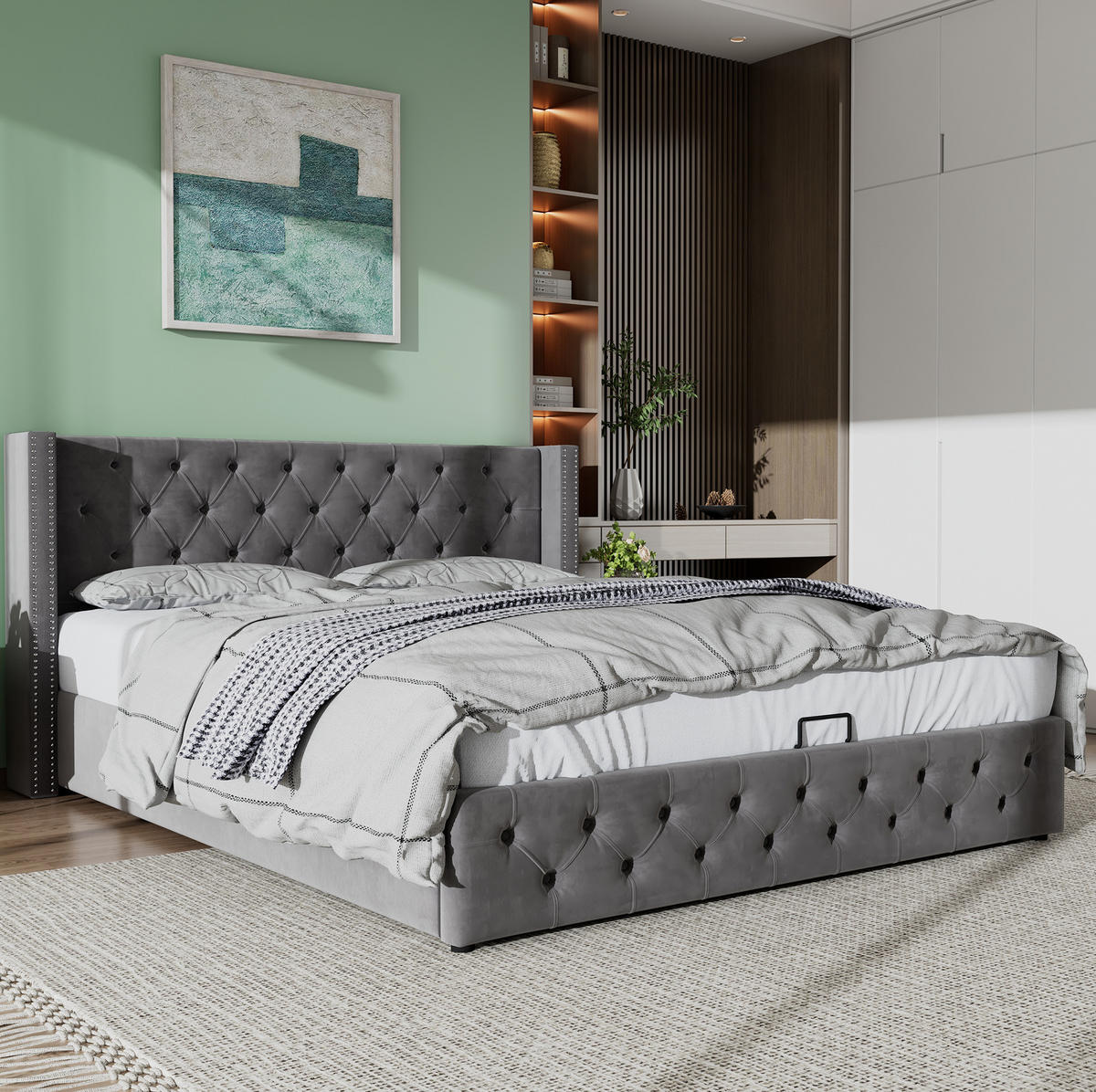 POLSTERBETT 180/200 cm grau mit hydraulischem Bettkasten und hohem Kopfteil - Grau, Textil (180/200cm) - OKWISH