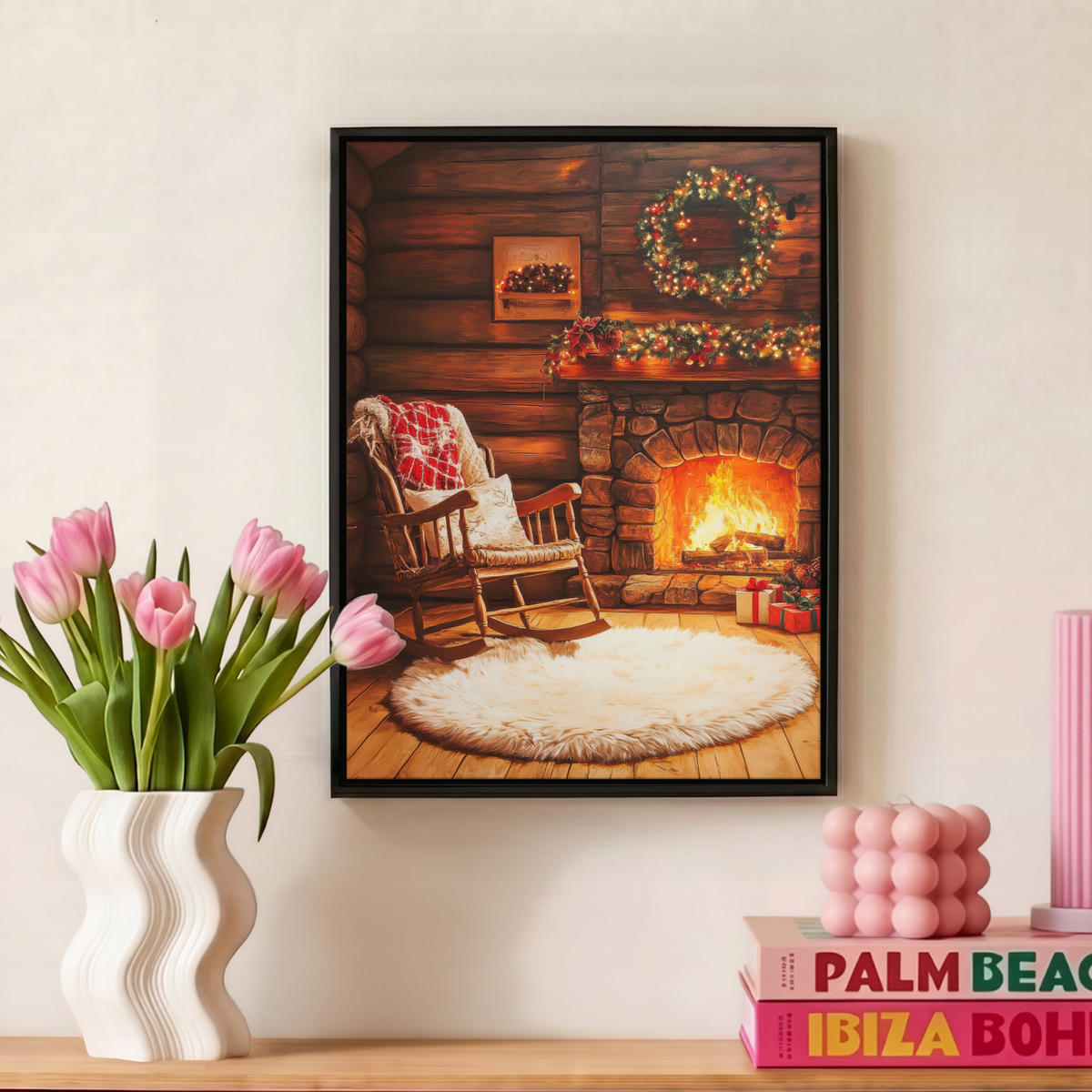 LEINWAND Bilder mit Rahmen - Winter - Weihnachten - Zuhause - Kamin - 30x40 - Bernsteinfarben, Textil (30/40cm) - MuchoWow