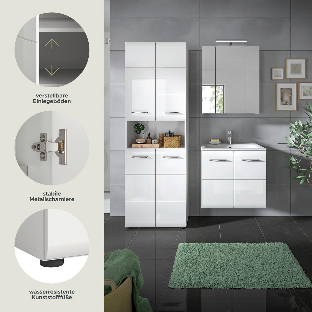 BADKOMBINATION Ice inkl. Beleuchtung 135x185x46 cm weiß Hochglanz MDF 3tlg. - Weiß, Holz (135/185/46cm)