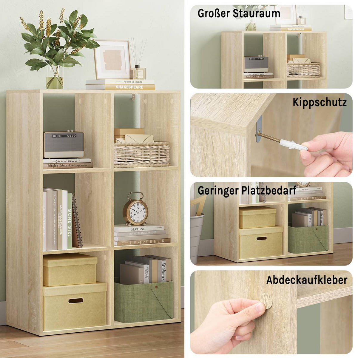 REGALE Bücherregal mit 6 Würfeln, 60x89,5x29 cm, Helle Eiche - Eichefarben, Holzwerkstoff/Kunststoff (60/89.5/29cm) - Woltu