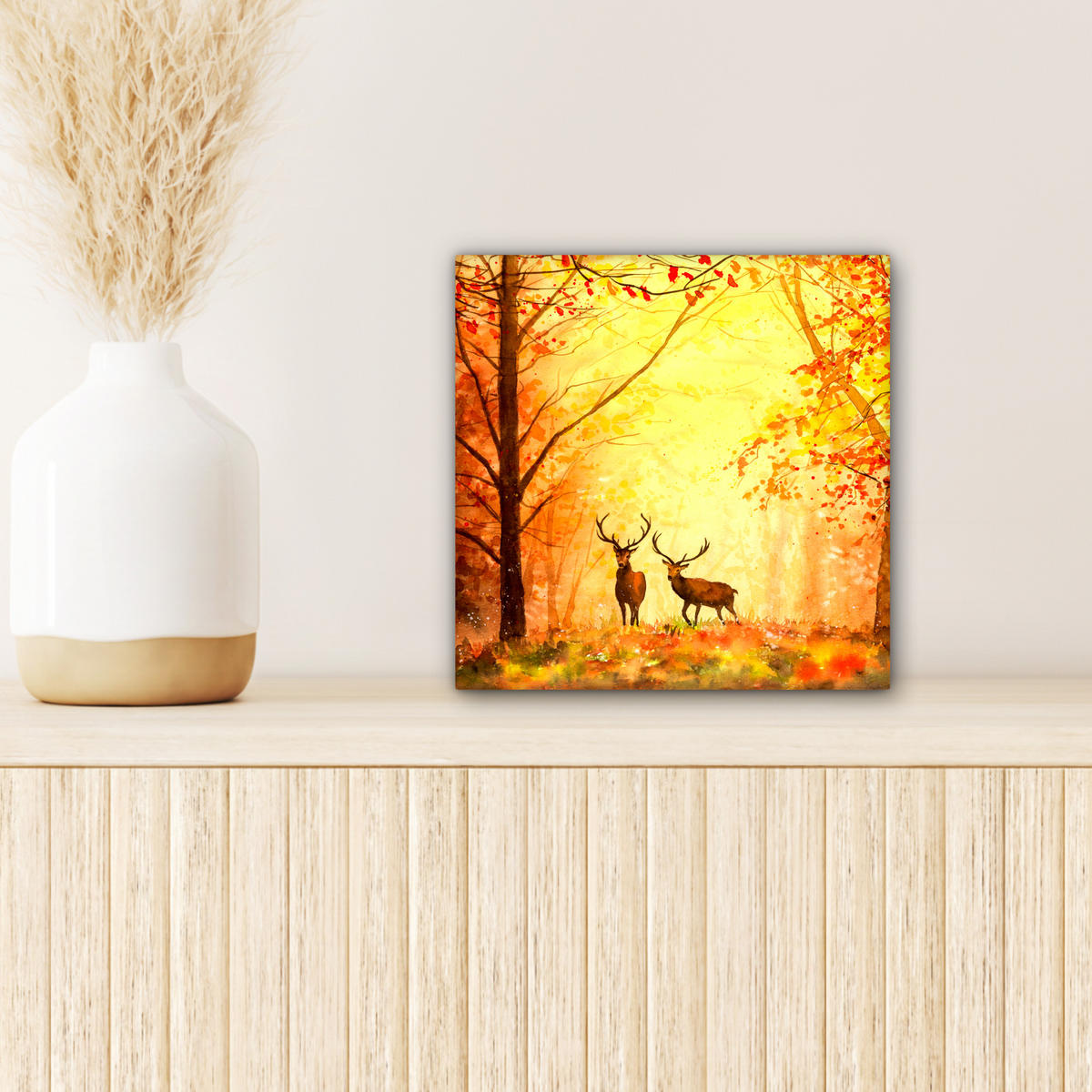 LEINWANDBILD Natur - Ölfarbe - Hirsche - Tiere - Herbst - Orange 20x20 cm - Orange, Textil (20/20cm) - MuchoWow