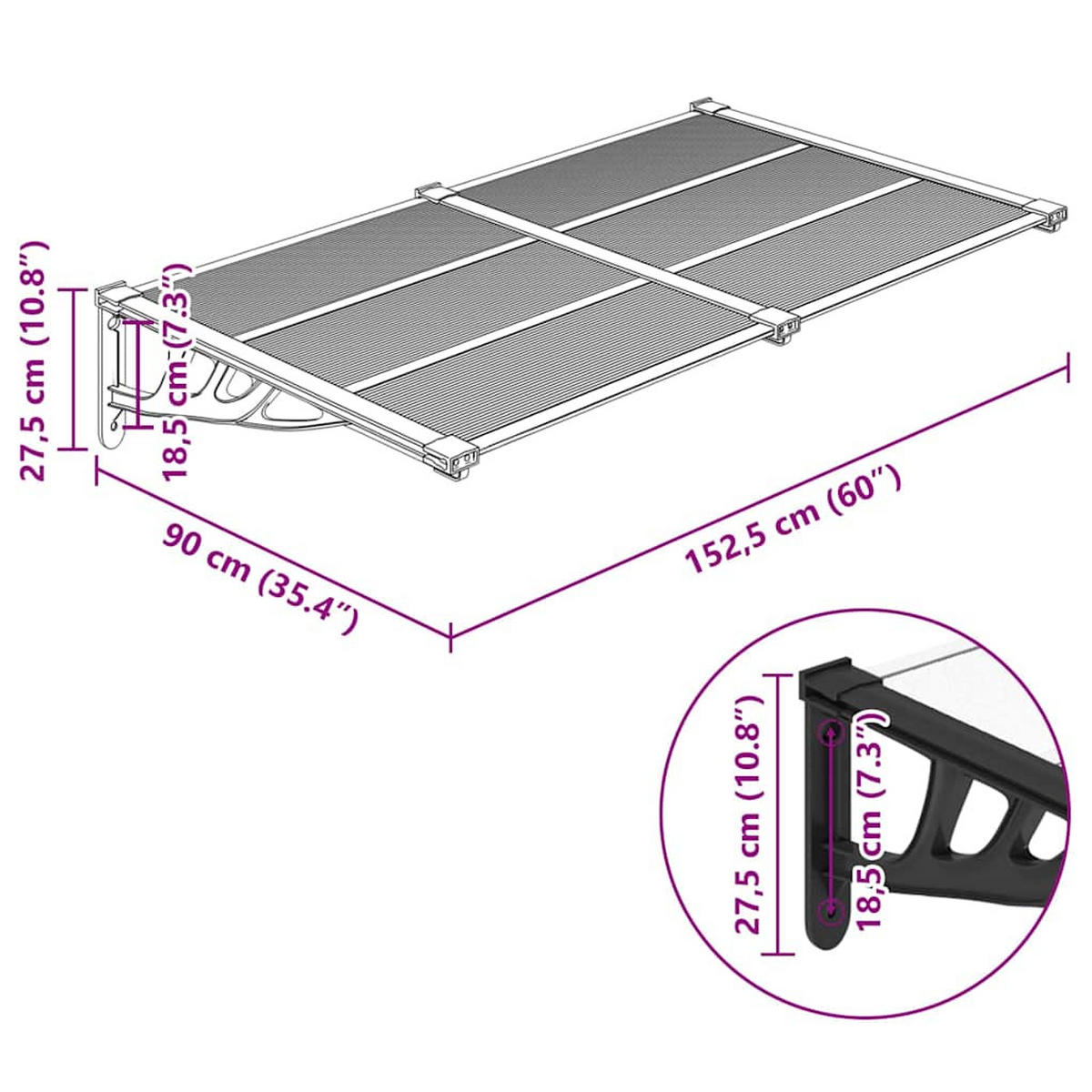 TÜRVORDACH Schwarz Und Transparent 152.5/90 Cm Polycarbonat - Transparent, Kunststoff (152.5/27.5/90cm) - vidaXL